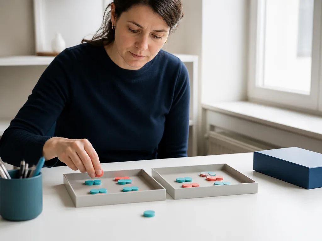 Une chercheuse apparie des jetons colorés dans deux plateaux pour étudier biais et causalité