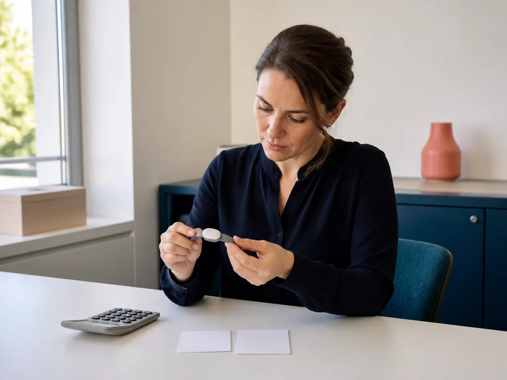 Une analyste examine un capteur médical portable près d'une calculatrice et de fiches vierges