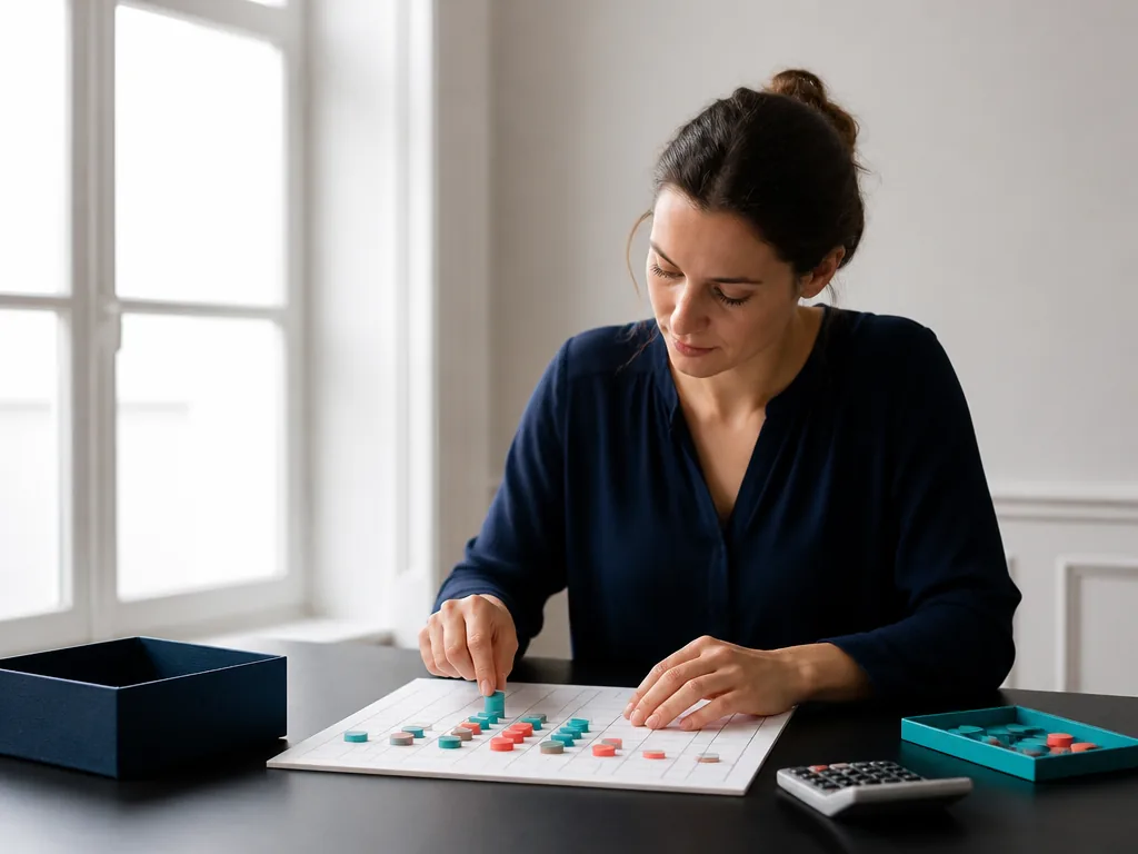 Une analyste dispose des marqueurs colorés sur une grille près d'une calculatrice