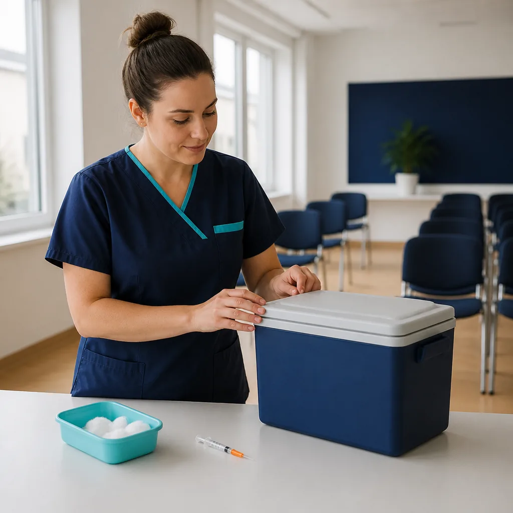 Une infirmière prépare une glacière et un plateau de vaccination dans un centre de santé